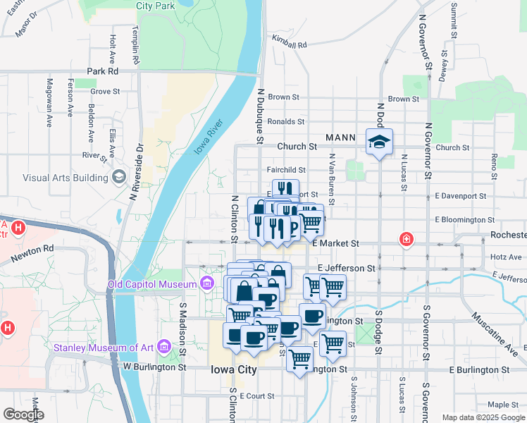 map of restaurants, bars, coffee shops, grocery stores, and more near 326 North Dubuque Street in Iowa City