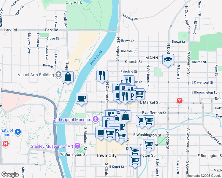 map of restaurants, bars, coffee shops, grocery stores, and more near in Iowa City