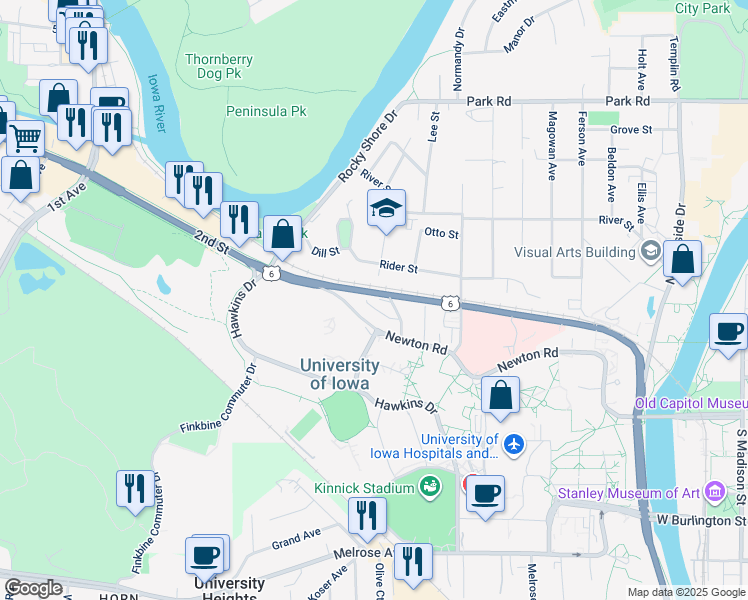 map of restaurants, bars, coffee shops, grocery stores, and more near 1054 Newton Road in Iowa City