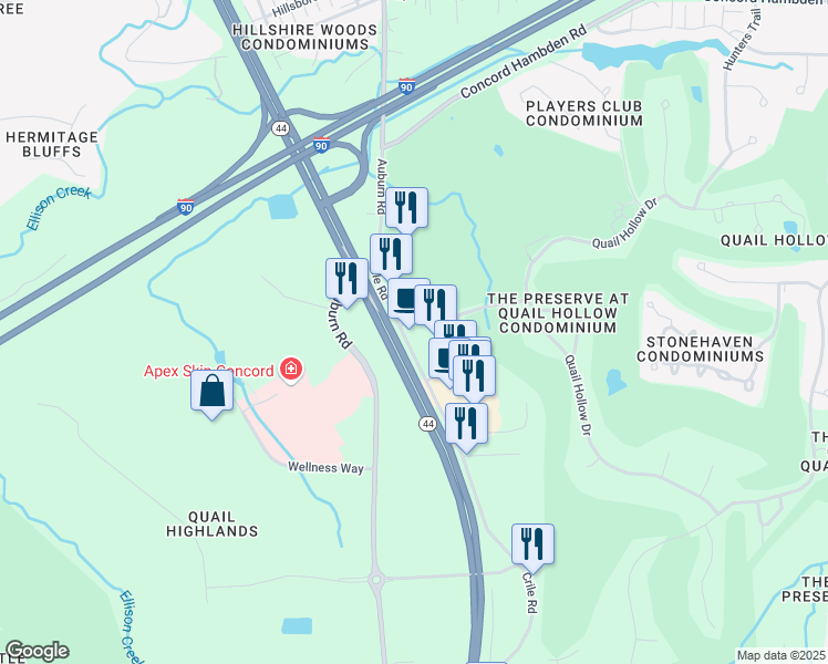 map of restaurants, bars, coffee shops, grocery stores, and more near 7529 Crile Road in Painesville