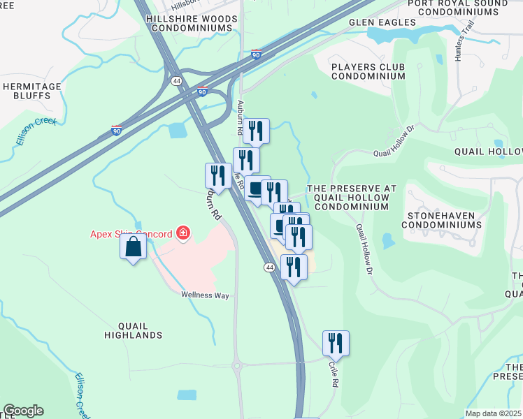 map of restaurants, bars, coffee shops, grocery stores, and more near 7529 Crile Road in Painesville