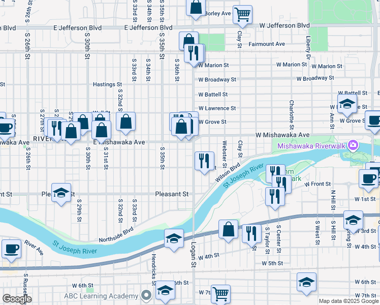 map of restaurants, bars, coffee shops, grocery stores, and more near 3606 East Mishawaka Avenue in South Bend