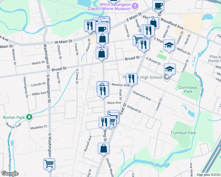 map of restaurants, bars, coffee shops, grocery stores, and more near 48 Newton Avenue in Plainville