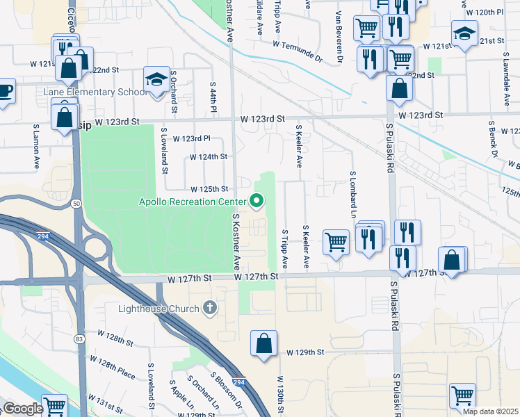 map of restaurants, bars, coffee shops, grocery stores, and more near 12521 South Kostner Avenue in Alsip