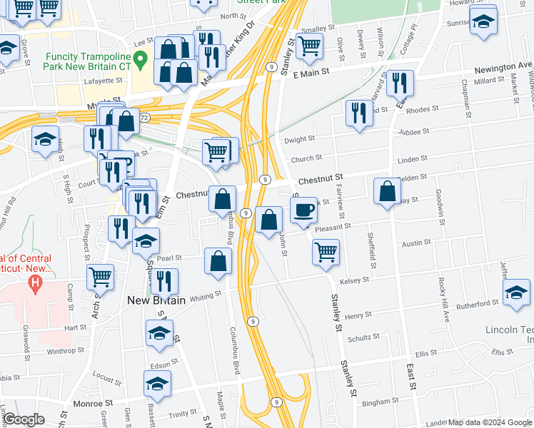map of restaurants, bars, coffee shops, grocery stores, and more near 331 Park Street in New Britain