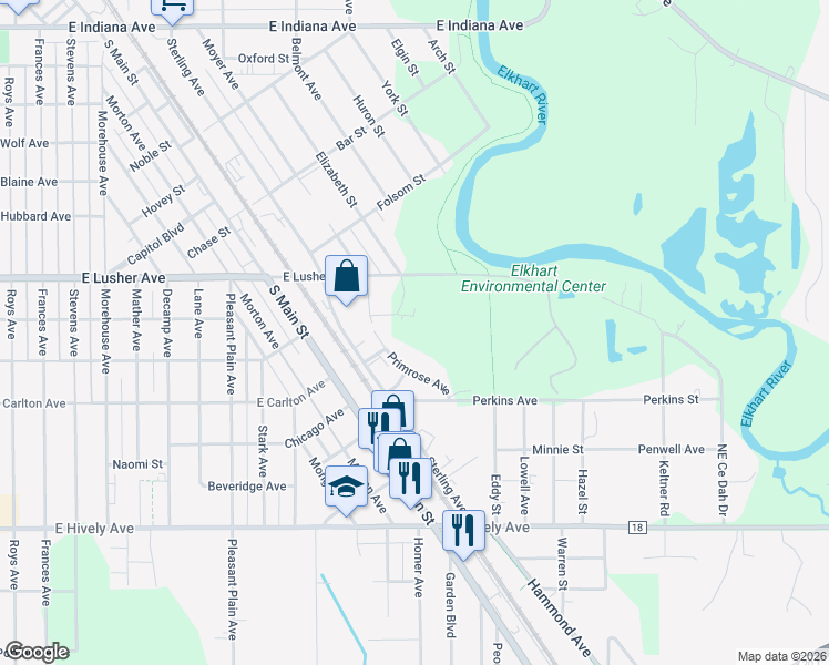 map of restaurants, bars, coffee shops, grocery stores, and more near 1133 East Lusher Avenue in Elkhart