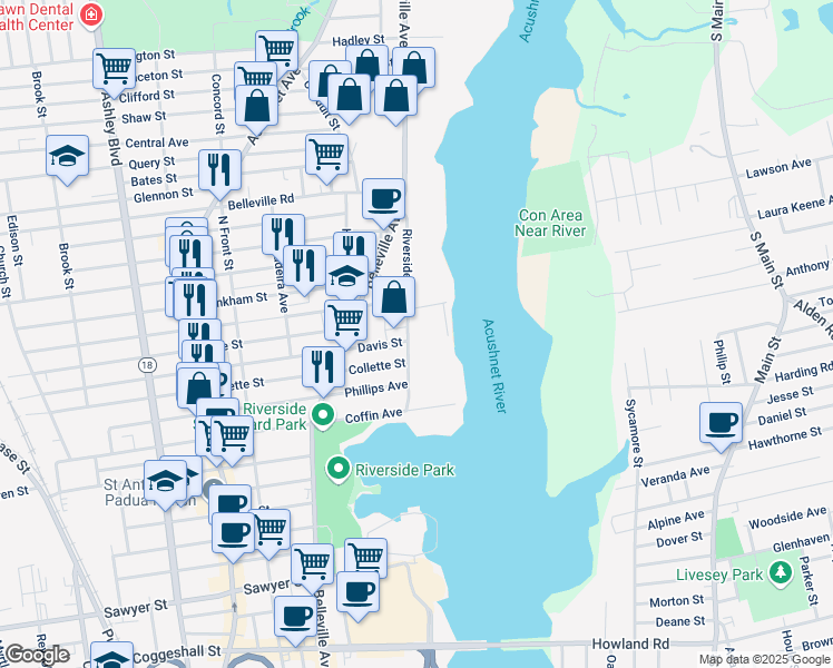 map of restaurants, bars, coffee shops, grocery stores, and more near 114 Riverside Avenue in New Bedford