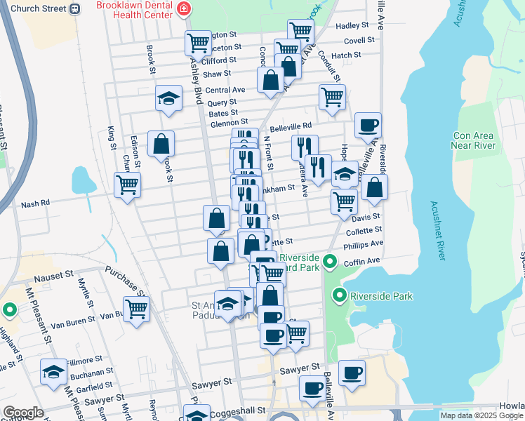 map of restaurants, bars, coffee shops, grocery stores, and more near 85 Hathaway Street in New Bedford