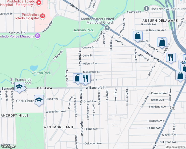 map of restaurants, bars, coffee shops, grocery stores, and more near 1778 Macomber Street in Toledo