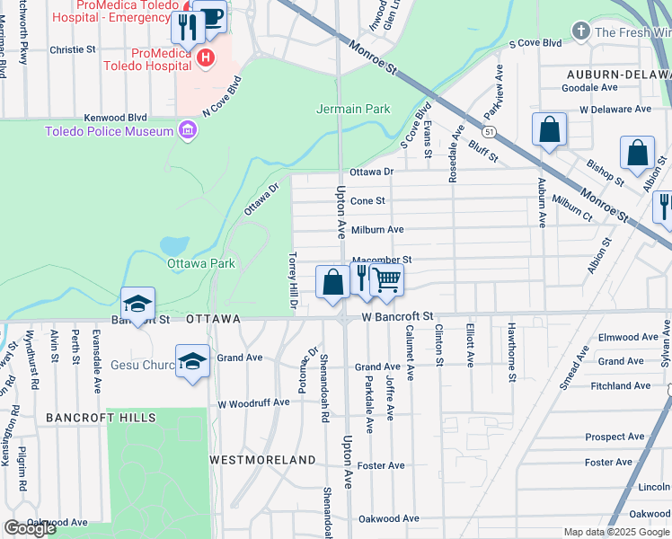 map of restaurants, bars, coffee shops, grocery stores, and more near 1904 Macomber Street in Toledo
