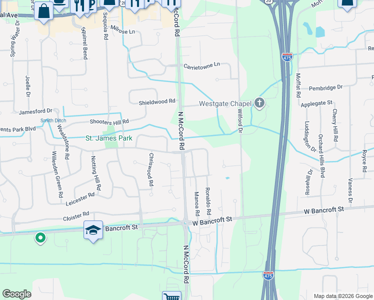 map of restaurants, bars, coffee shops, grocery stores, and more near 6636 Regents Park Boulevard in Toledo