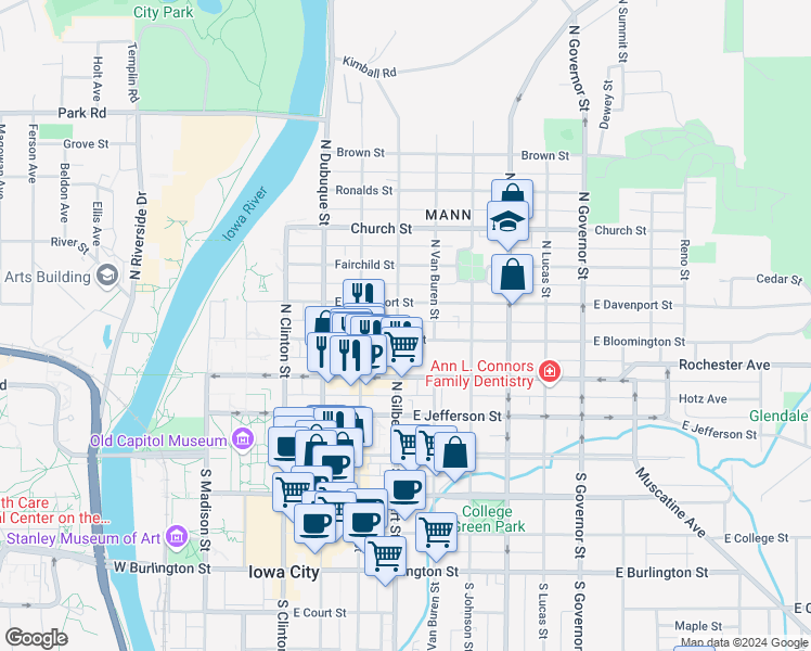 map of restaurants, bars, coffee shops, grocery stores, and more near 324 North Gilbert Street in Iowa City