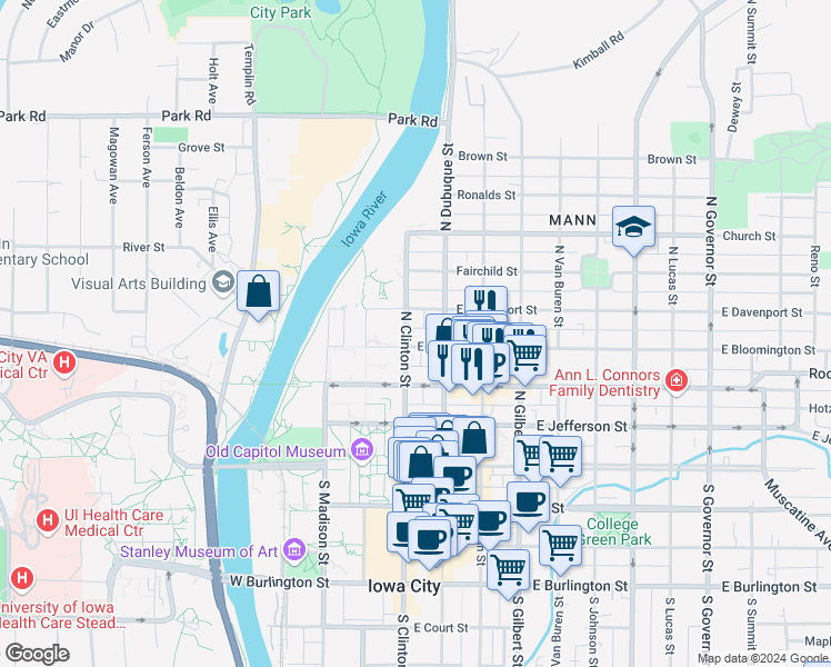 map of restaurants, bars, coffee shops, grocery stores, and more near in Iowa City