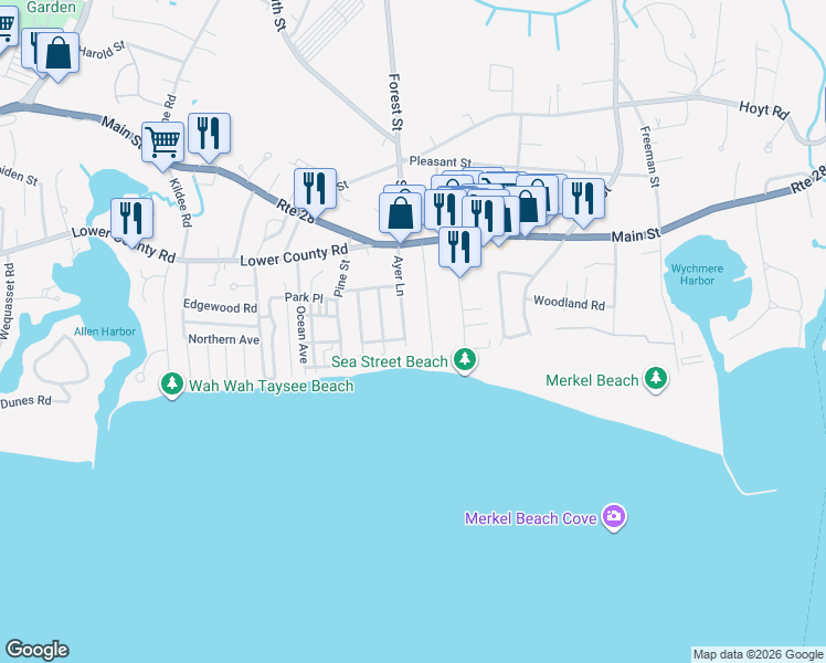 map of restaurants, bars, coffee shops, grocery stores, and more near 20 Pilgrim Road in Harwich
