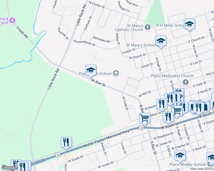 map of restaurants, bars, coffee shops, grocery stores, and more near 704 West Abe Street in Plano
