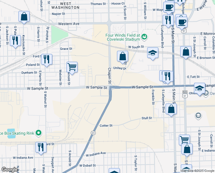 map of restaurants, bars, coffee shops, grocery stores, and more near 835 West Sample Street in South Bend