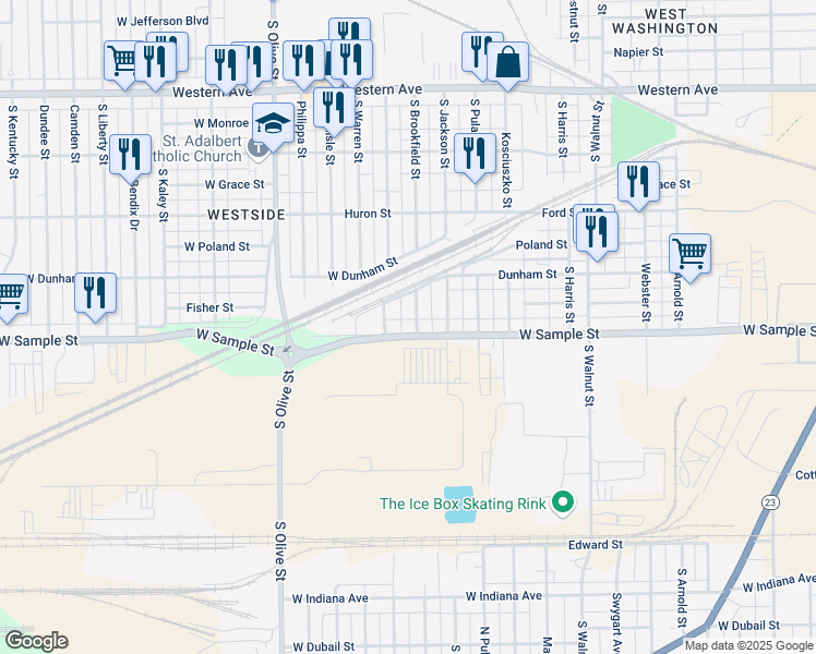 map of restaurants, bars, coffee shops, grocery stores, and more near 800-846 South Grant Street in South Bend