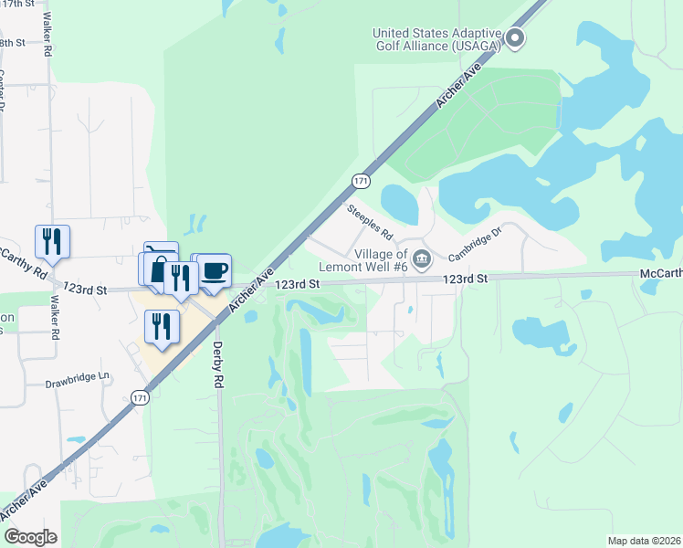 map of restaurants, bars, coffee shops, grocery stores, and more near 13886 Steeple View Lane in Lemont