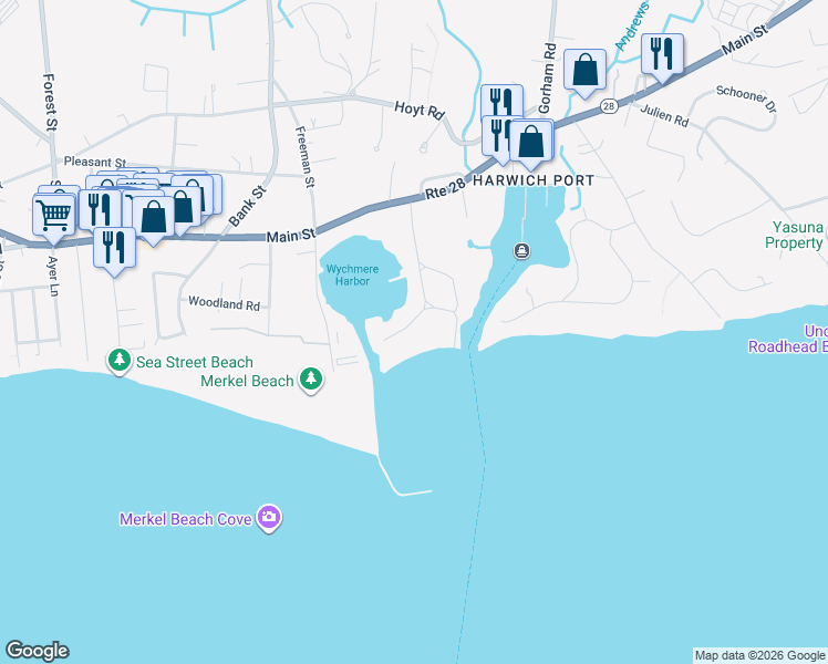 map of restaurants, bars, coffee shops, grocery stores, and more near 25 Harbor Road in Harwich