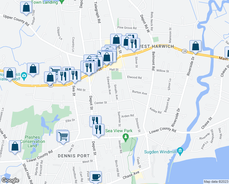 map of restaurants, bars, coffee shops, grocery stores, and more near 17 Smalls Avenue in Dennis