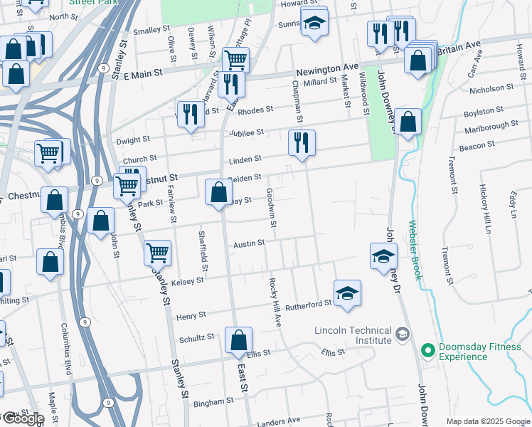 map of restaurants, bars, coffee shops, grocery stores, and more near 264 Pleasant Street in New Britain