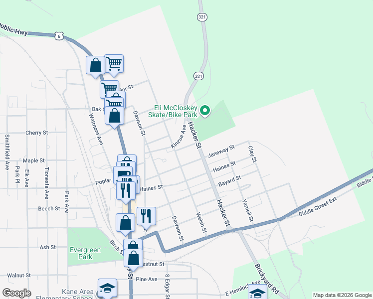map of restaurants, bars, coffee shops, grocery stores, and more near 300 Glenwood Street in Kane