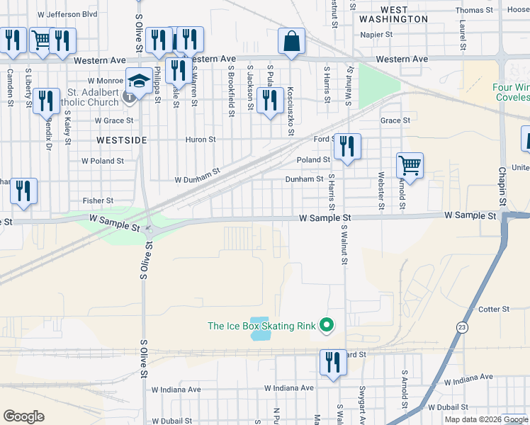 map of restaurants, bars, coffee shops, grocery stores, and more near 831 South Pulaski Street in South Bend