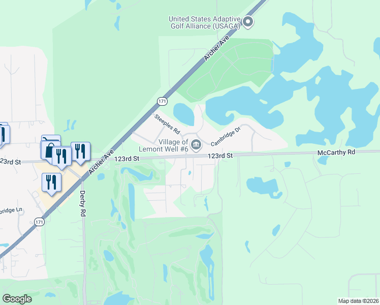 map of restaurants, bars, coffee shops, grocery stores, and more near 13751 Steeples Road in Lemont