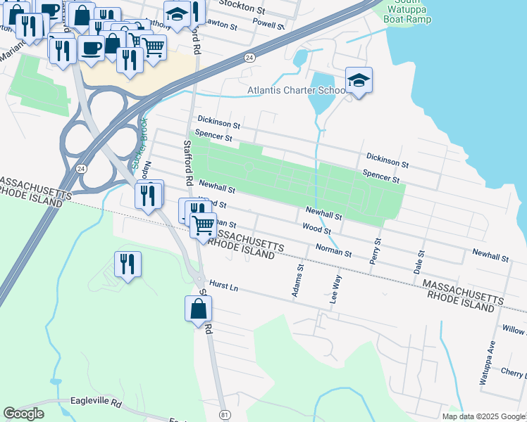 map of restaurants, bars, coffee shops, grocery stores, and more near 255 Newhall Street in Fall River