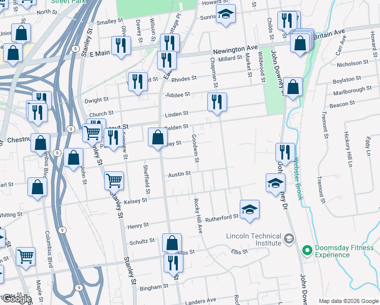 map of restaurants, bars, coffee shops, grocery stores, and more near in New Britain