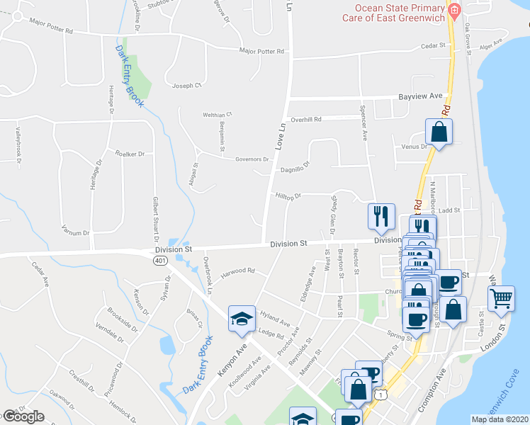 map of restaurants, bars, coffee shops, grocery stores, and more near 775 Love Lane in East Greenwich