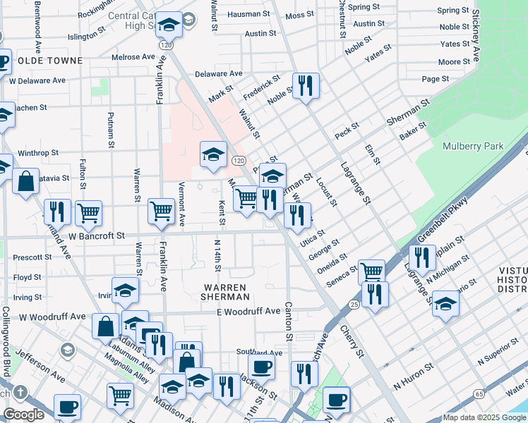 map of restaurants, bars, coffee shops, grocery stores, and more near in Toledo