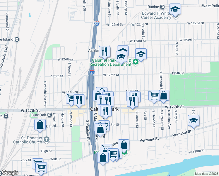 map of restaurants, bars, coffee shops, grocery stores, and more near 12538 South Justine Street in Calumet Park