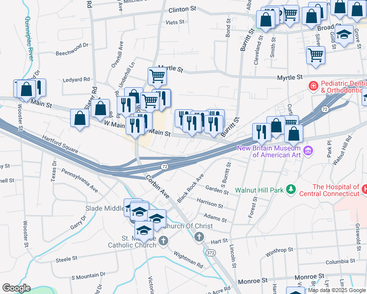 map of restaurants, bars, coffee shops, grocery stores, and more near 27 Holmes Avenue in New Britain