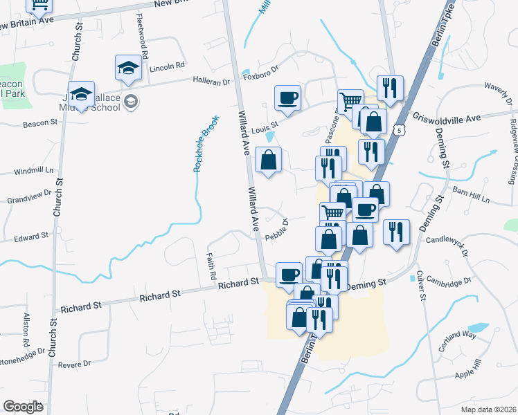 map of restaurants, bars, coffee shops, grocery stores, and more near 1 Pebble Drive in Newington