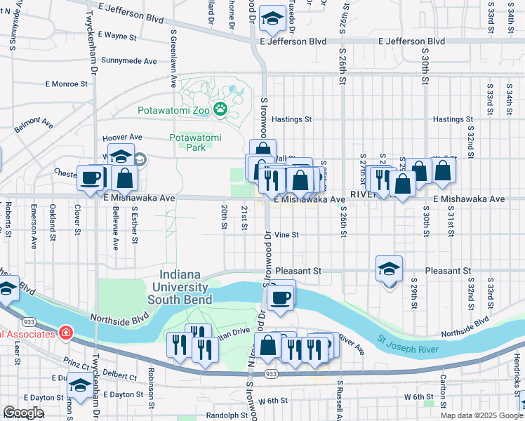 map of restaurants, bars, coffee shops, grocery stores, and more near 2130 East Mishawaka Avenue in South Bend