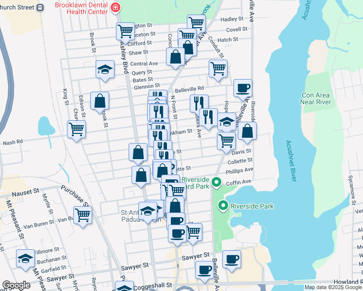 map of restaurants, bars, coffee shops, grocery stores, and more near 85 Hathaway Street in New Bedford