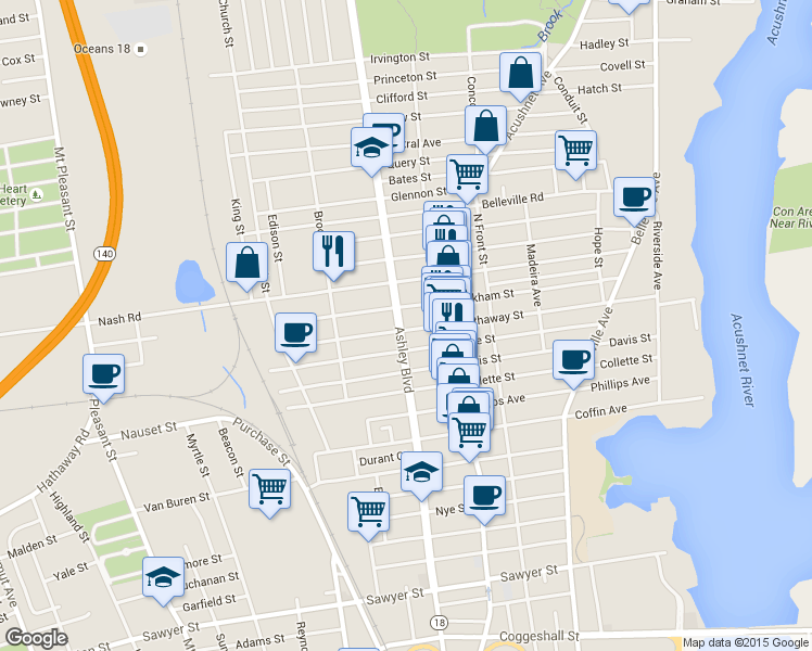 map of restaurants, bars, coffee shops, grocery stores, and more near 338 Ashley Boulevard in New Bedford