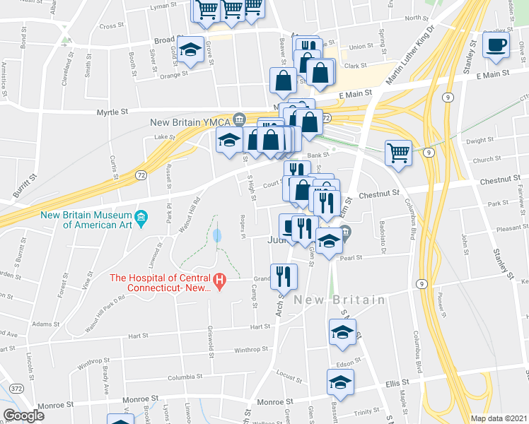 map of restaurants, bars, coffee shops, grocery stores, and more near 69 Walnut Street in New Britain