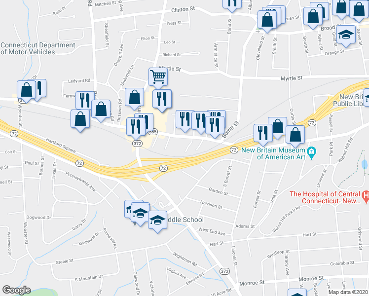 map of restaurants, bars, coffee shops, grocery stores, and more near 17 Holmes Avenue in New Britain