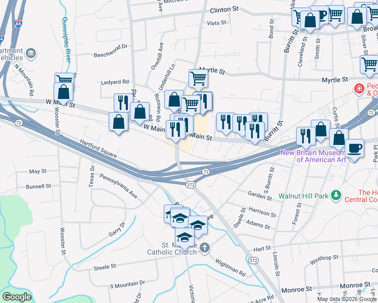 map of restaurants, bars, coffee shops, grocery stores, and more near 33 Wakefield Court in New Britain
