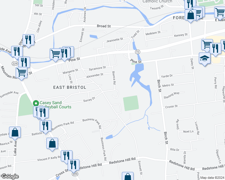 map of restaurants, bars, coffee shops, grocery stores, and more near 29 Bayberry Drive in Bristol
