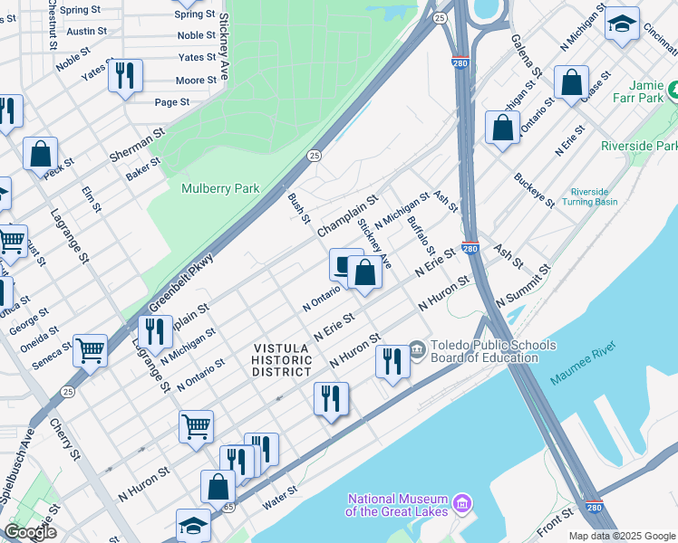map of restaurants, bars, coffee shops, grocery stores, and more near 829 Bush Street in Toledo