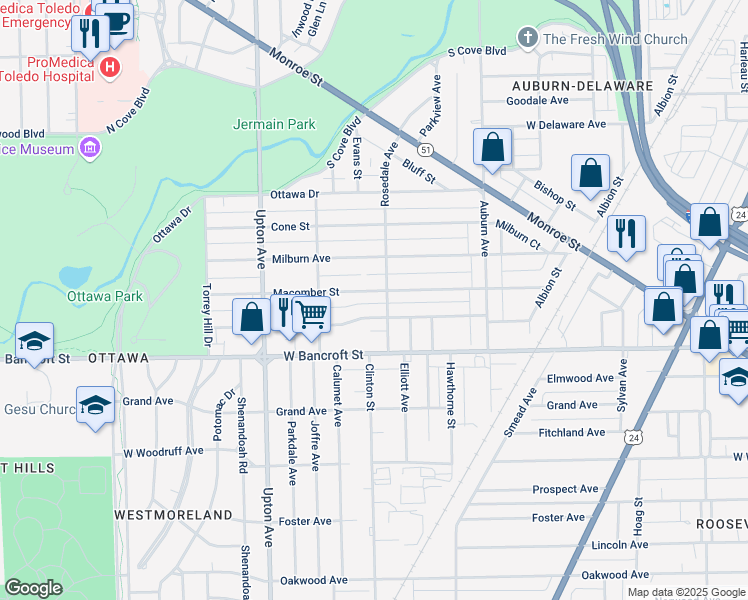 map of restaurants, bars, coffee shops, grocery stores, and more near 1730 Macomber Street in Toledo