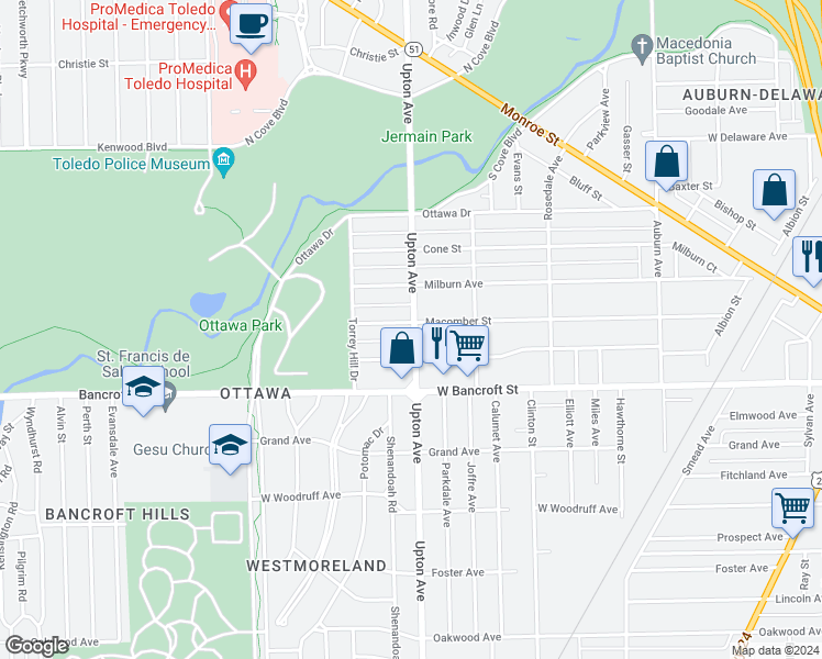 map of restaurants, bars, coffee shops, grocery stores, and more near 1904 Macomber Street in Toledo