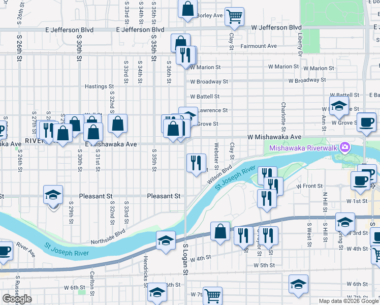 map of restaurants, bars, coffee shops, grocery stores, and more near 544 Logan Street in Mishawaka