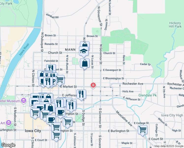 map of restaurants, bars, coffee shops, grocery stores, and more near 330 North Lucas Street in Iowa City