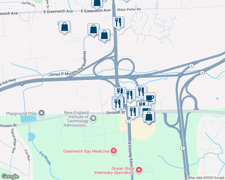 map of restaurants, bars, coffee shops, grocery stores, and more near 1400 Division Road in West Warwick
