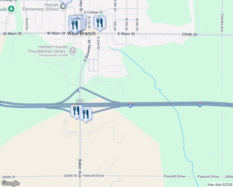 map of restaurants, bars, coffee shops, grocery stores, and more near in West Branch