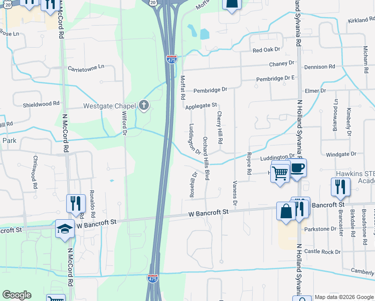 map of restaurants, bars, coffee shops, grocery stores, and more near 2411 Luddington Drive in Toledo
